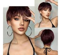Parrucche sintetiche marrone scuro con taglio corto a pixie Parrucca a strati diritta naturale con frangia soffice per le donne Capelli resistenti al calore quotidiano-SS198-1