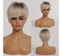 Parrucche sintetiche marrone scuro con taglio corto a pixie Parrucca a strati diritta naturale con frangia soffice per le donne Capelli resistenti al calore quotidiano-SS166-1