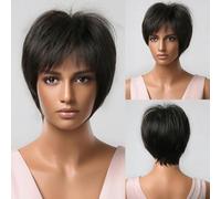Parrucche sintetiche marrone scuro con taglio corto a pixie Parrucca diritta naturale a strati con frangia soffice per le donne Capelli resistenti al calore quotidiano-LC2020-1
