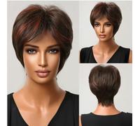 Parrucche sintetiche marrone scuro con taglio corto a pixie Parrucca diritta naturale a strati con frangia soffice per le donne Capelli resistenti al calore quotidiano-LC2020-3