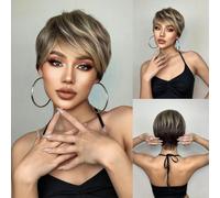 Parrucche sintetiche marroni corte lisce e soffici, taglio pixie per donne nere, cosplay quotidiano, parrucca di capelli naturali, fibra resistente al calore-Parrucche-SS127-1