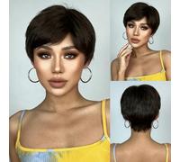 Parrucche sintetiche marroni per donne nere Parrucche corte Pixie Cut con frangia Parrucca per uso quotidiano per feste Capelli naturali Resistenti al calore-SS193-1