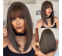 Parrucche sintetiche nere castagna diritte corte più facili con parrucche di media lunghezza a strati Bang per le donne resistenti al calore quotidiano