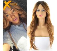 Parrucche sintetiche per le donne nere parrucca per capelli con parte laterale ondulata lunga con frangia Ombre colore marrone acconciatura Cosplay morbida naturale X-TRESS DXR1376 Straight