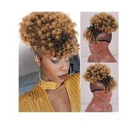 Parrucchiere Chignon afro riccio con frangia, coda di cavallo sintetica con coulisse, riccia e crespa, extension con clip Uso quotidiano(1BT27)