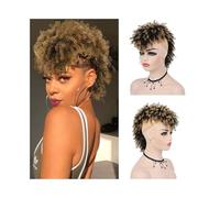 Parrucchiere Coda di cavallo afro con chignon alto e voluminoso, stile mohawk, con frangia, coda di cavallo corta e riccia for donne nere Uso quotidiano(1BT27)