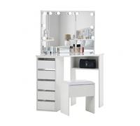 Parrucchiere con Miroir Triptyque et Tabouret, Coiffeuse d'angle Miroir Tabouret 2 Compartiments 5 Tiroirs, Table de Maquillage Blanc Moderne Femme Cadeau 1. Parrucchiere con LED: Questo parrucchiere 