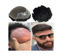 Parrucchino sulla fronte Parrucca da uomo con capelli umani ondulati e ricci, in pizzo svizzero base in pelle PU, protesi capillare maschile(7x9)