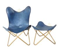 PARRYS LEATHER WORLD Poltrona Relax Pelle Blu Art Déco con Pouf Apribile