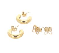 PARSA Beauty Signature - Set di 4 orecchini a cerchio, in acciaio inox placcato oro 18 carati, impermeabili, orecchini a cerchio e farfalla