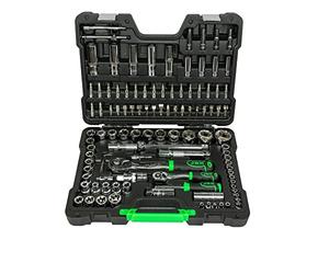 Partenopea® Valigetta Utensili Professionale 108 Pezzi serie di chiavi a Bussola Esagonali Cromate, torx Cricchetti, Prolunghe, Kit Attrezzi per Auto, Officina Fai-da-Te con attacchi 1/2" e 1/4"