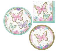 Party Creations - Confezione da 48 pezzi, motivo farfalla luccicante, per 16 persone, in carta a tema farfalla, piatti e tovaglioli, pastelli multicolori, colori