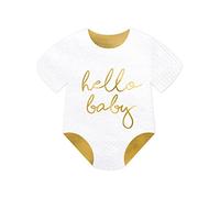 Party Deco Hello Baby - Tovaglioli per festa del bebè a forma di pagliaccetto, colore oro e bianco, confezione da 20