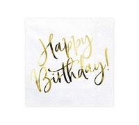 Party deco.pl - Tovaglioli di carta con scritta “Happy Birthday”, 20 pezzi, colore: bianco e oro metallizzato