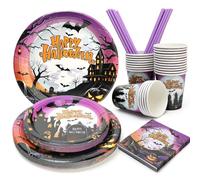 PARTY GO 125 stoviglie per feste di Halloween, piatti e tovaglioli di carta viola per Halloween, bicchieri e cannucce, stoviglie per feste a castello, confezione usa e getta per decorazioni di