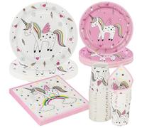 PARTY GO Set di stoviglie con unicorno, accessori arcobaleno, per ragazze, pacchetto con piatti da dessert, tazze, tovaglioli per 24 ospiti (96 pezzi)