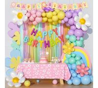 Party Inspo Decorazioni per feste a margherita per ragazza, arcobaleno pastello con fiori e fiori, decorazioni per feste di compleanno, ghirlanda di palloncini con frange, striscione di buon
