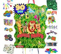 Party4EVER - Pignatta per compleanno dei bambini + confezione da 90 accessori per la pinata, piñata per compleanno, pignata per bambini, piñata per la tua festa, per anniversario (giungla 90)