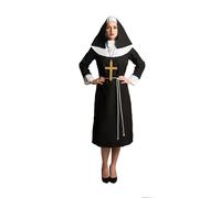 Partychimp Costume da suora da donna, costume da suore per adulti, nero, bianco, tunica, copricapo, croce e cintura a corda, taglia 2XL/3XL