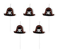 PartyDeco Candele di compleanno con cappello da pirata, 2 cm, set da 5 pezzi, decorazione per torte, pirati, compleanno per bambini, colore nero