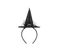 PartyDeco Cerchietto con cappello da strega - mini cappello da strega 17 × 28 cm - nero con fiocco glitterato - accessorio per costume di Halloween