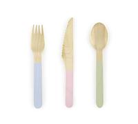 PartyDeco, Confezione da 18 Posate in Legno, per Compleanni, Comunioni, Colori Pastello