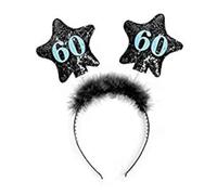 Cerchietto 60 Anni Nero con Stelle Applicate su Molle e Piume Nere Taglia Unica - Compleanno Party Festa