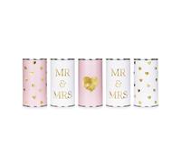 PartyDeco Mr & Mrs - Set di 5 barattoli per auto da 14 x 7 cm, decorazione per auto per matrimonio, decorazione per auto e matrimonio, colore: bianco e rosa