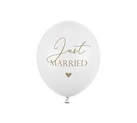 PartyDeco Palloncini in lattice con stampa Just Married in oro per Hel - Palloncini bianchi con stampa - Diametro circa 30 cm (1 op. 50 pezzi) per matrimonio, compleanno, matrimonio, baby shower