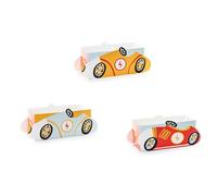 PartyDeco Set di 3 scatole per snack auto, 7,5 x 7,5 x 17 cm, per caramelle e snack, per feste di compleanno per bambini, per feste a tema, auto da corsa, rosso, azzurro, giallo