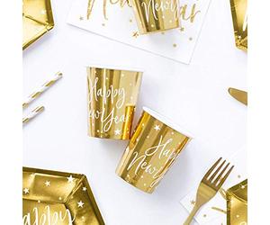 Partydeco sp. z o.o. sp. k. Bicchieri Dorati con Stelline Bianche e Scritta Happy New Year dello Stesso Colore per celebrare Il Capodanno, 6 Pezzi