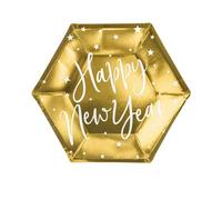 Partydeco sp. z o.o. sp. k. Piatti Dorati con Scritta Happy New Year Bianca e Stelle dello Stesso Colore, 6 Pezzi