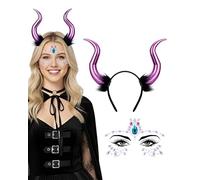 PartyforU 2 pezzi viola corna del diavolo diavolo costume da donna con set di gioielli per il viso per donne costumi di carnevale Halloween Carnevale Rinascimento Renfaire