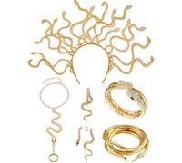 PartyforU 6 pezzi Costume Medusa Dea greca Golden Fantasy Serpente Halo Corona Orecchini Collana Collana Bracciale Rinascimentale Costumi Carnevale Halloween Donna Copricapo Set Carnevale