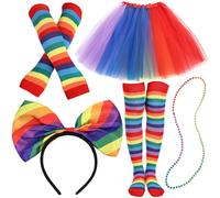 PartyforU Costume arcobaleno da donna, per carnevale, set da 5 pezzi, gonna in tulle, collana con perle, calze per cosce, costumi di carnevale per il Pride per bisessuali gay