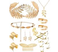 PartyforU Costume da dea greca, costume di carnevale, accessori per carnevale, set da 12 pezzi, con foglia di alloro, corona con anello, collana, cintura, bracciale, spicchi per capelli Renfaire