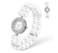 PartyKindom Orologio Donna con Bracciale Doppio di Perle Bianche Elastiche in Plastico e Lega, Resistente ai Graffi, Elegante Design Vintage per Feste di Natale