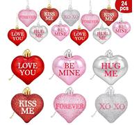 Partyprops 24 ornamenti glitterati a forma di cuore per San Valentino, cuori rossi, rosa, argento, decorazioni per conversazioni di San Valentino, ornamenti da appendere all'albero di Natale