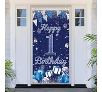 PartyYaa 1. Striscione di compleanno decorativa, 1° compleanno, striscione porta blu argento Happy Birthday Banner copertura per porta automatica poster decorazione per interni ed esterni