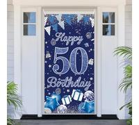 PartyYaa 50° compleanno striscioni decorative, 50° compleanno porta striscione blu argento Happy Birthday Banner copertura porta macchina fotografica poster poster decorazione per interni ed esterni