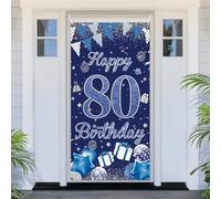PartyYaa 80° striscione di compleanno decorazione 80° compleanno porta striscioni blu argento Happy Birthday Banner copertura porta automatica poster decorazione per interni ed esterni