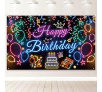 PartyYaa Decorazioni Striscione Compleanno, Striscione Sfondo Happy Birthday per Bambini, Decorazione Sfondo Cabina Fotografica per Feste Extra Large Poster Cartello per Ragazze Ragazzi (Nero Neon)