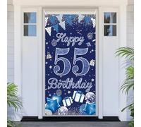 PartyYaa Striscione decorativo per il 55° compleanno, striscione per porta per il 55° compleanno, striscione blu argento Happy Birthday copertura per porta segno poster cabina fotografica decorazione