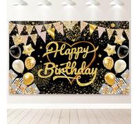 PartyYaa Striscione per compleanno, decorazione con scritta Happy Birthday, extra grande per feste di compleanno, decorazione di sfondo, pannello, poster per uomini e donne (nero dorato)