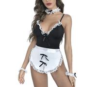 PARUPRUP Costume da Cameriera Sexy con Reggicalze, Set Completo Lingerie Halloween Carnevale Intimo per Role Play Compleanno Feste a Tema con Body e Grembiule (M)