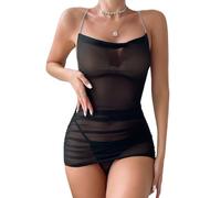 PARUPRUP Donna Sexy Trasparente Mini Abito Metallo Spalline Babydoll Maglia Camicia da Notte Senza Schiena negligé (Nero)