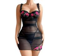 PARUPRUP Donna Sexy Trasparente Mini Abito Ricamato Floreale Babydoll Scollo a V Ferretto negligé Elastica Maglia (Nero, L)