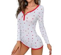 PARUPRUP Pigiama Corto Donna Intero Motivo a Cuore Indumento Notte Orlo Ondulato Tuta Tessuto a Costine Sexy Maniche Lunghe Scollo a V Tutina da Notte (IT, Testo, S, Regular, Regular, Rosso)