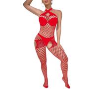 PARUPRUP Rete Incrociata Bodystocking Sexy da Donna Trasparente Senza Maniche Babydoll Intimo Apertura Sul Cavallo Tuta Grande Buco Calze Per Tutto il Corp (Rosso, Taglia unica)