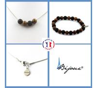 Parure Braccialetto Collana 4 Perle Lava + Legno 8 Mm. IN Acciaio Taglia